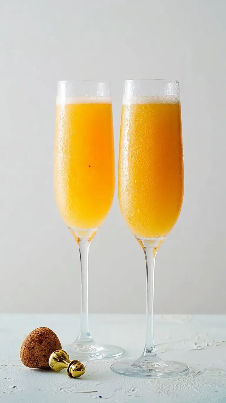 A chilled champagne flute filled with a sparkling peach Bellini and a fresh peach garnish.