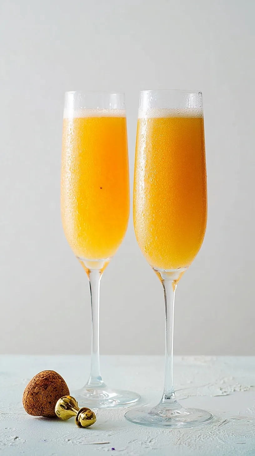 A chilled champagne flute filled with a sparkling peach Bellini and a fresh peach garnish.