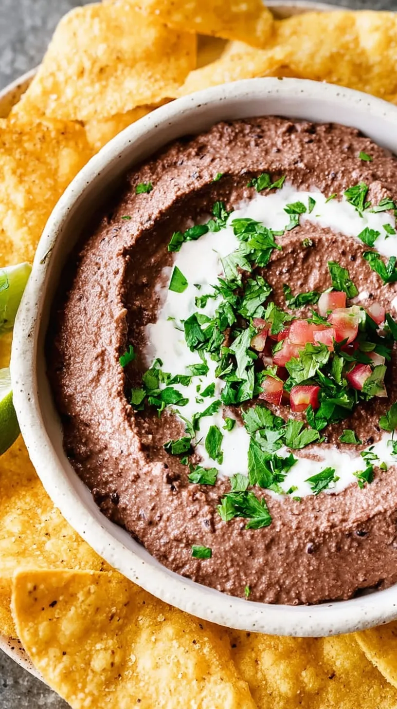 A bowl of smooth black bean dip garnished with fresh cilantro and served with tortilla chips.