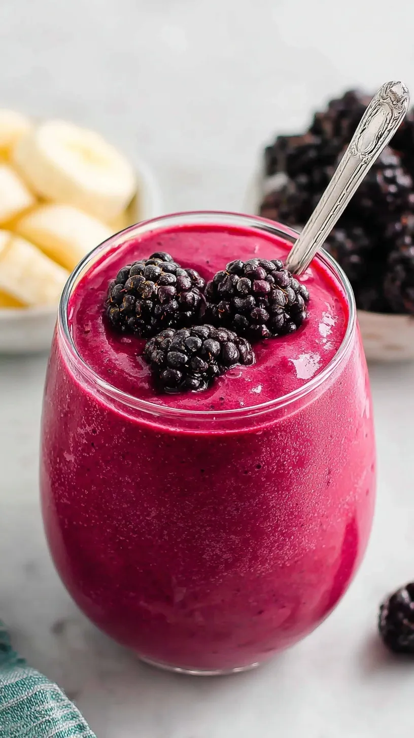 A vibrant purple blackberry smoothie in a glass with fresh berries on top