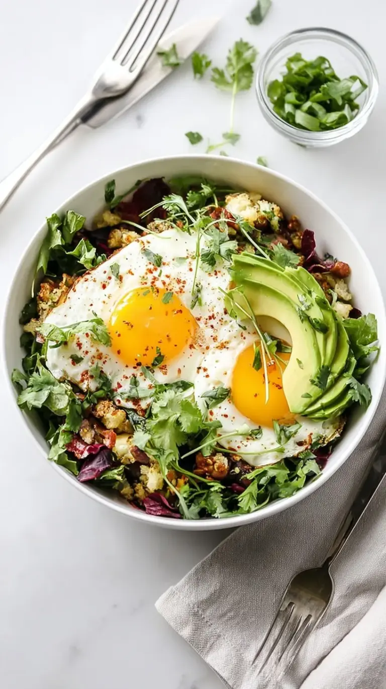 A vibrant breakfast salad with soft boiled eggs, sliced avocado, cherry tomatoes, and crispy bacon over arugula
