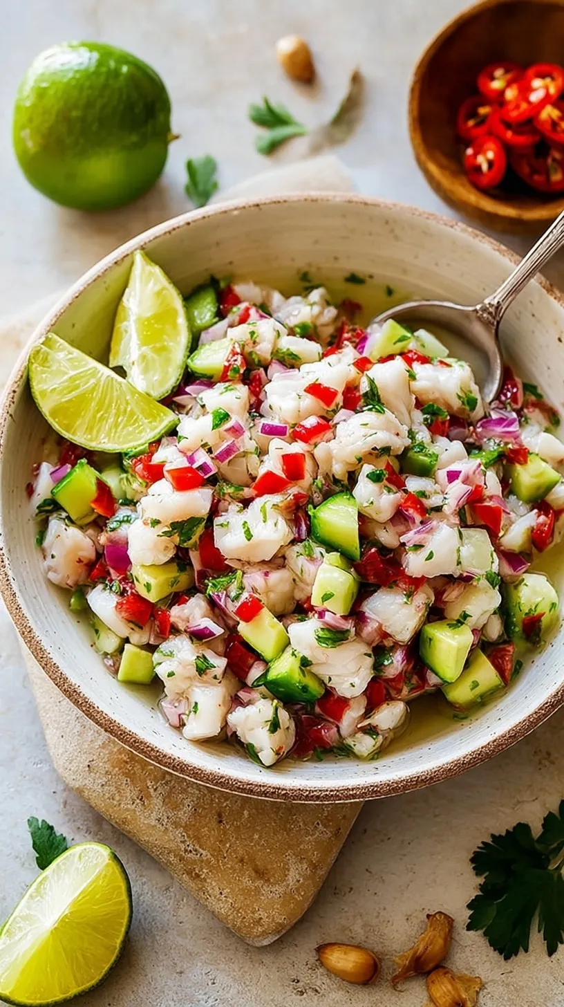 A bowl of fresh easy ceviche with white fish, lime juice, red onion, and cilantro served with tortilla chips.