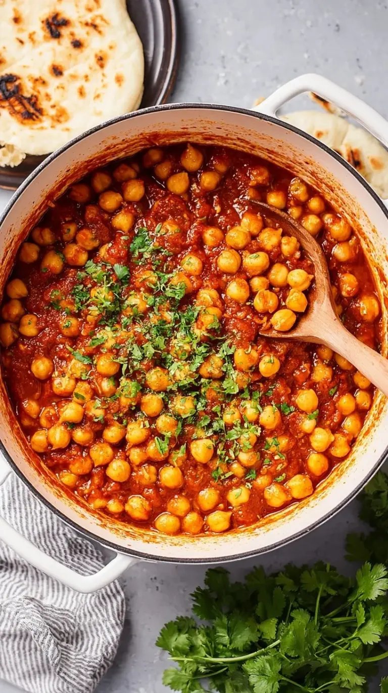 A bowl of steaming hot Easy Chana Masala garnished with fresh cilantro and served with a side of fluffy white rice.