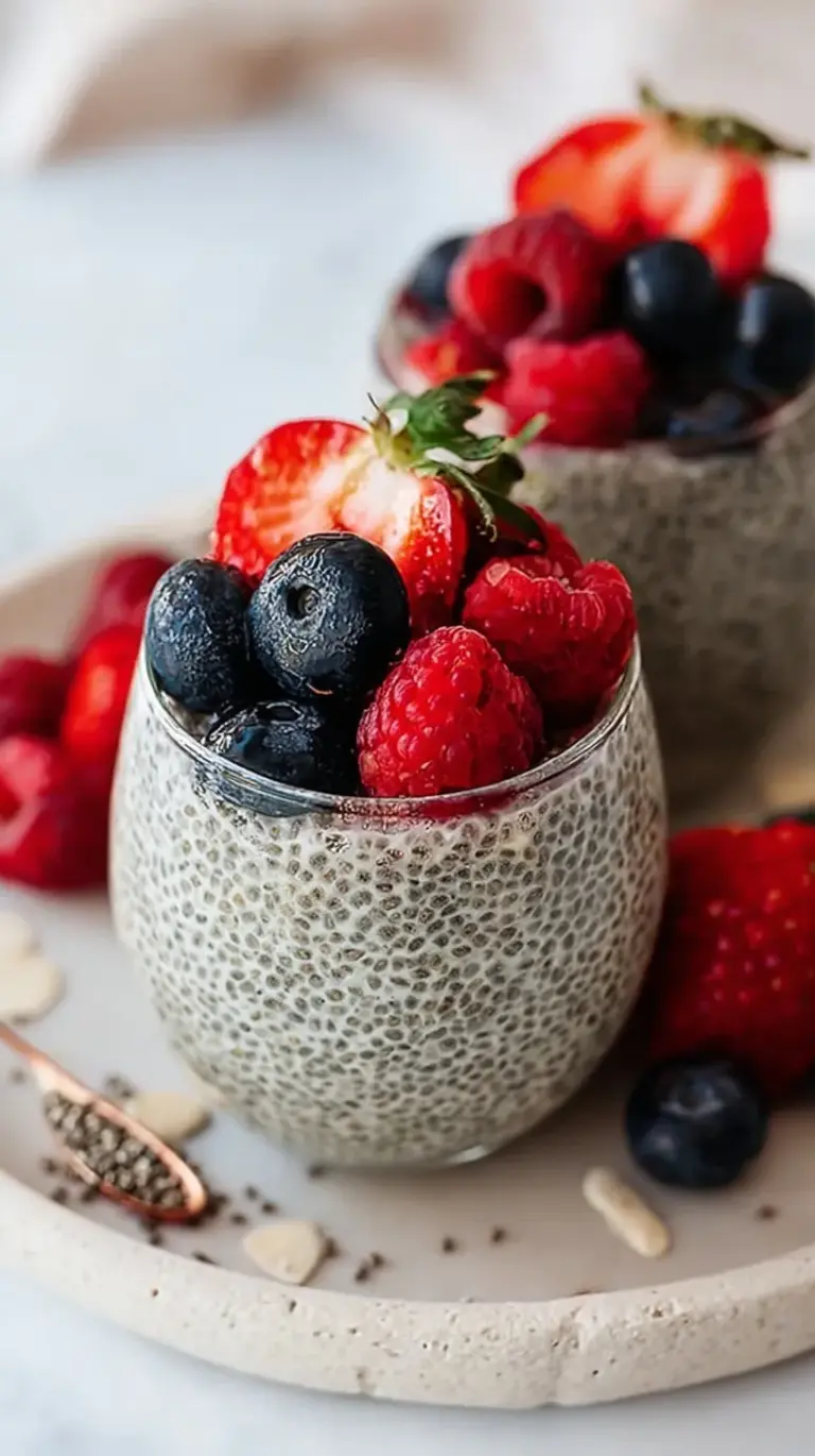 A glass jar filled with creamy chia pudding topped with fresh berries and a drizzle of honey.