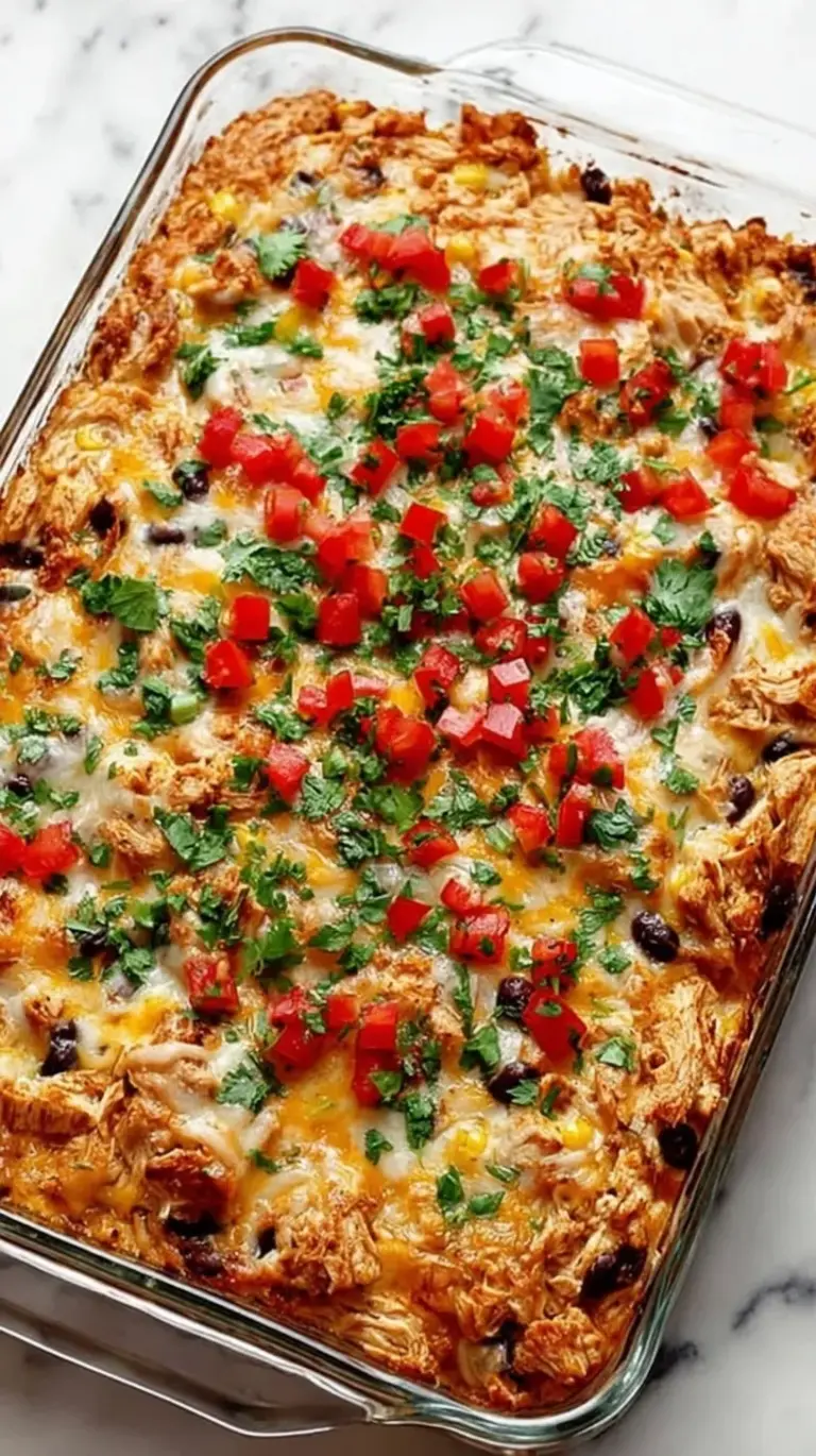 A bubbling 9x13 pan of chicken burrito casserole with melted cheese, black beans, and fresh cilantro