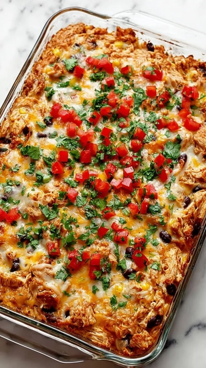 A bubbling 9x13 pan of chicken burrito casserole with melted cheese, black beans, and fresh cilantro