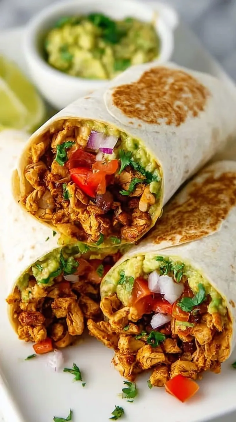 A golden brown, toasted chicken burrito sliced in half showing melted cheese, rice, and black beans.