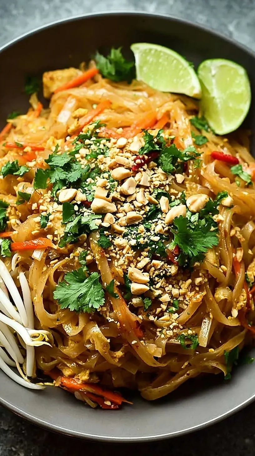 A plate of Easy Chicken Pad Thai topped with crushed peanuts and lime wedges