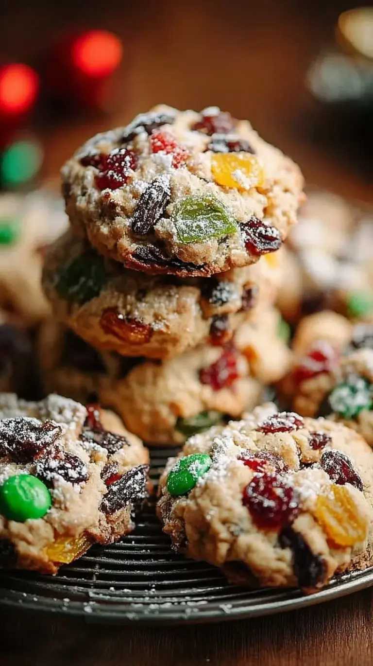 A pile of golden brown Christmas fruitcake cookies with colorful candied fruit and pecans on a white plate.