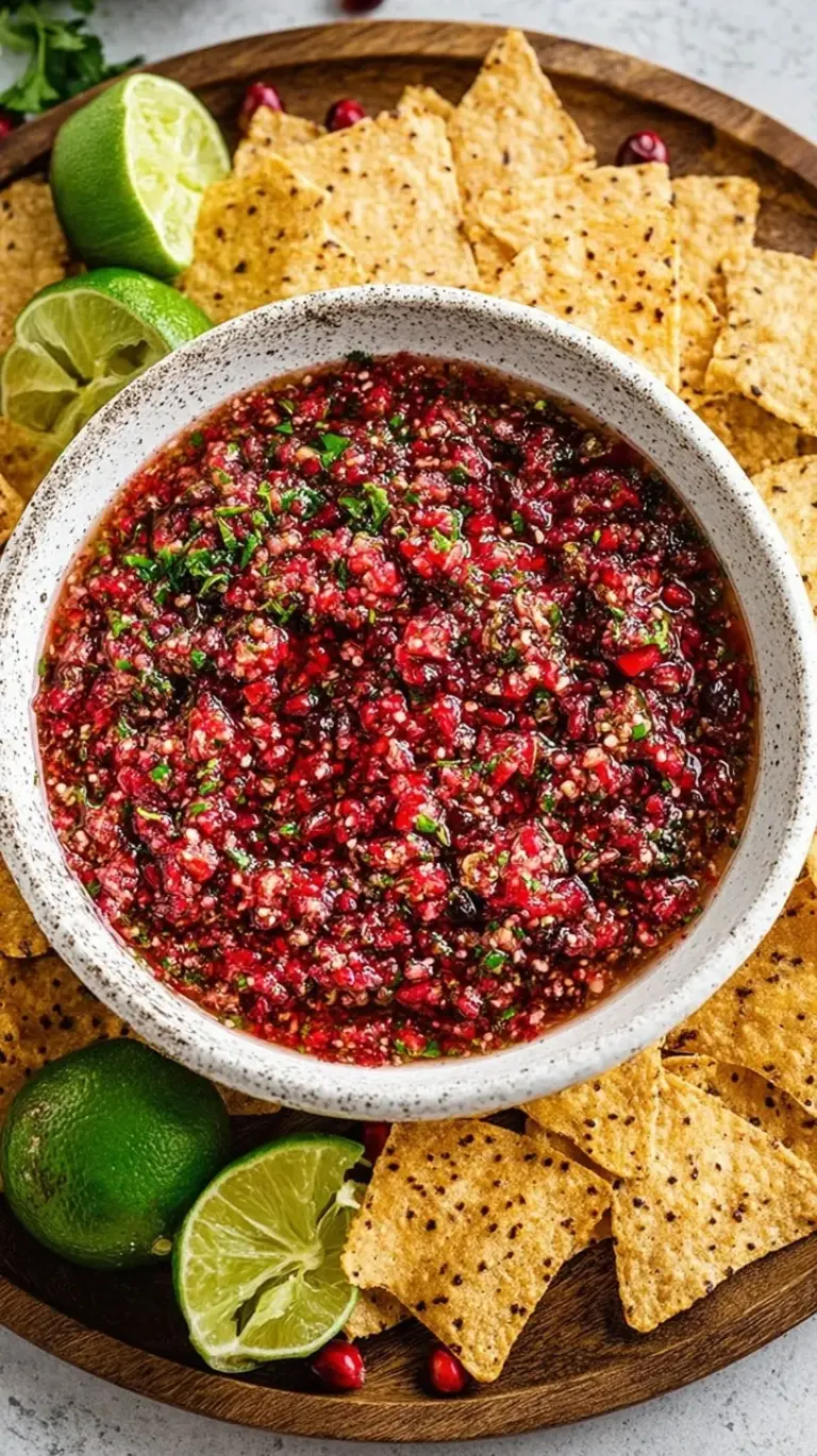 A bowl of vibrant red cranberry salsa served over a block of white cream cheese with crackers on the side.