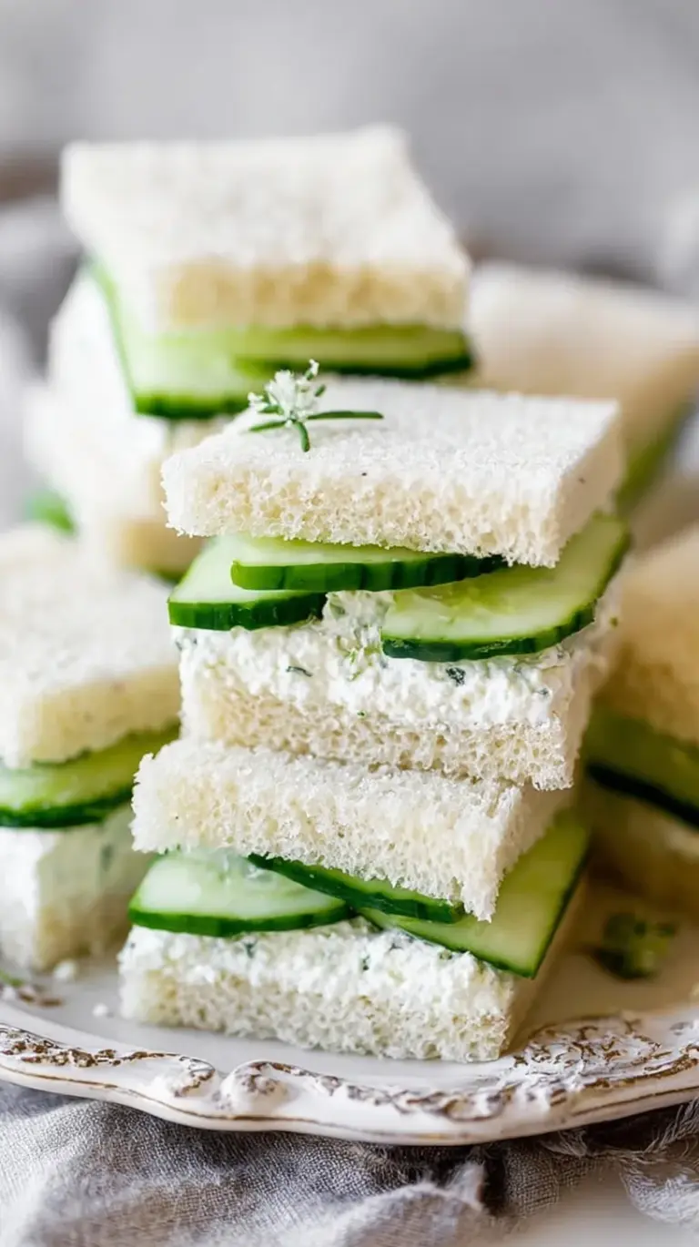 Platter of crustless cucumber sandwiches with fresh dill and cream cheese spread