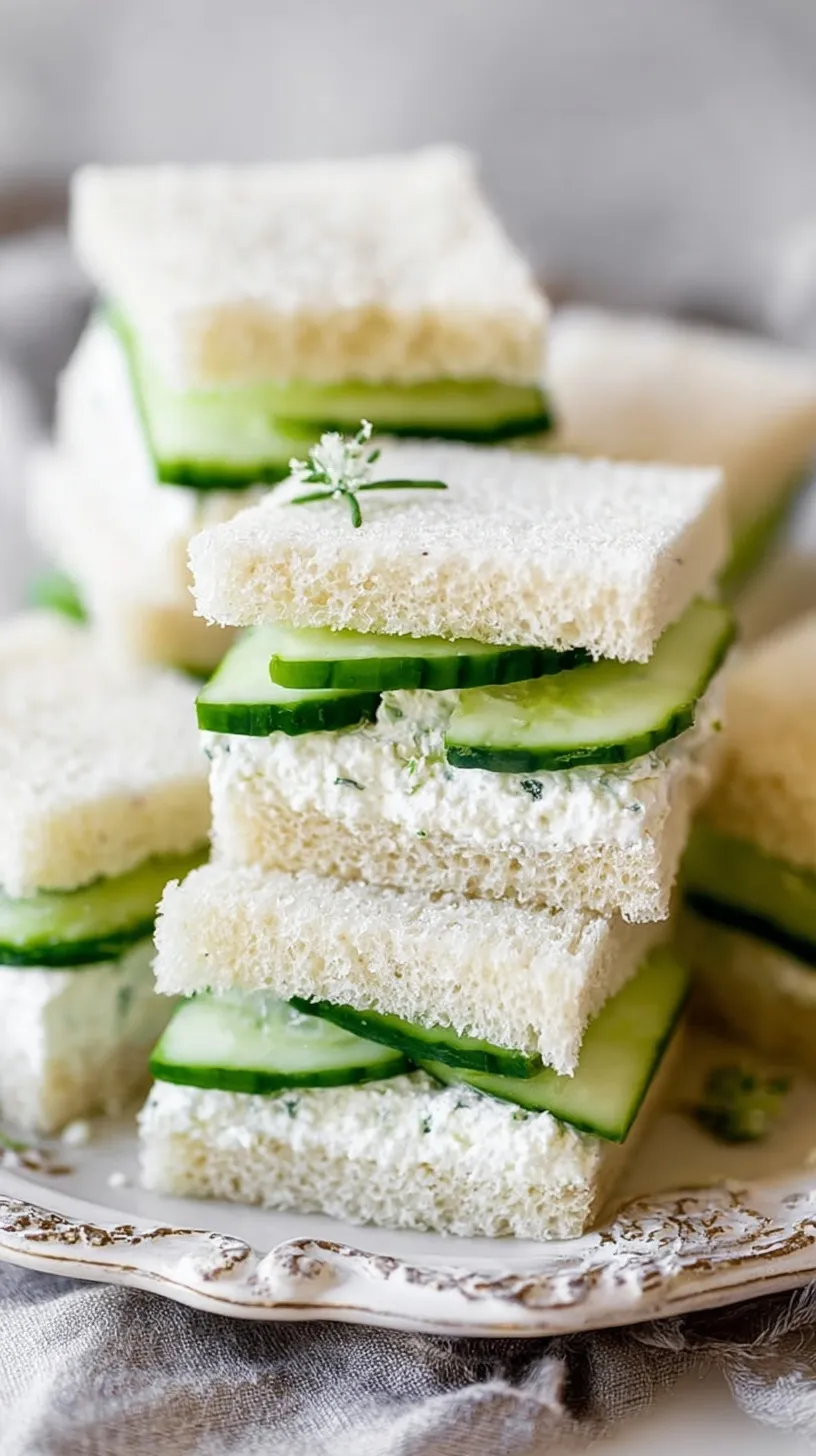 Platter of crustless cucumber sandwiches with fresh dill and cream cheese spread