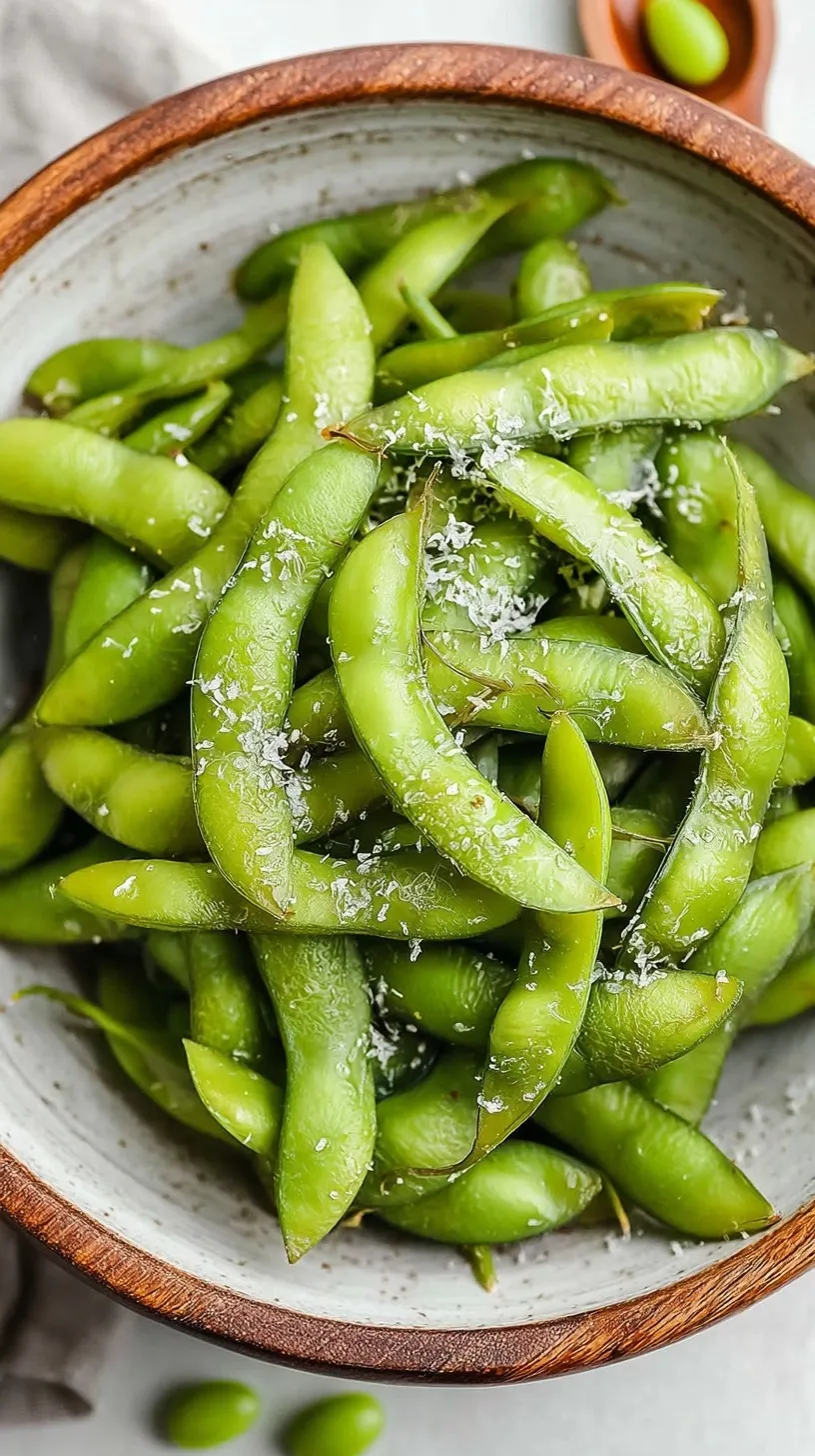A bowl of bright green steamed edamame pods sprinkled with flaky sea salt