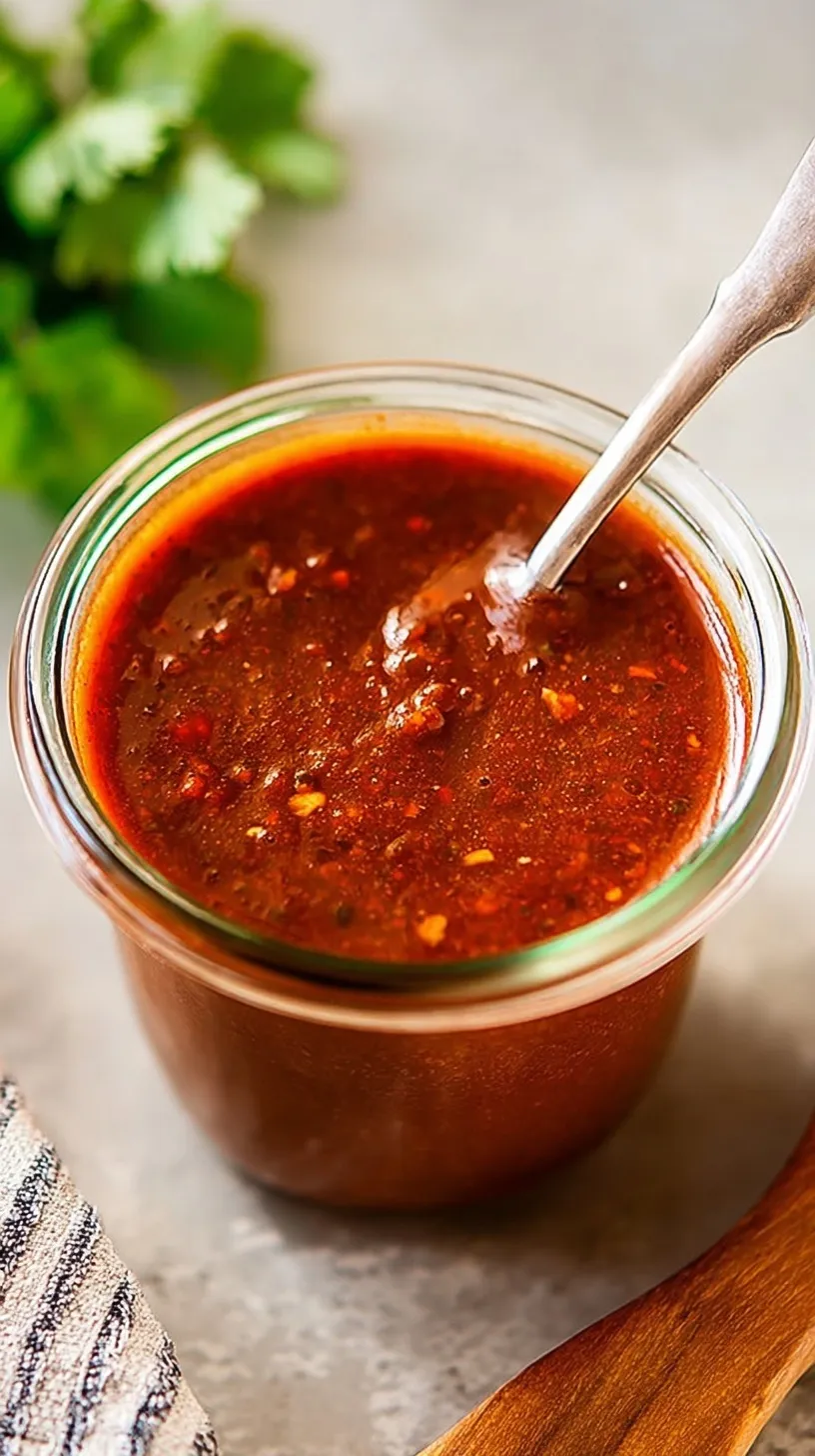 A smooth, deep red enchilada sauce in a saucepan with a whisk.