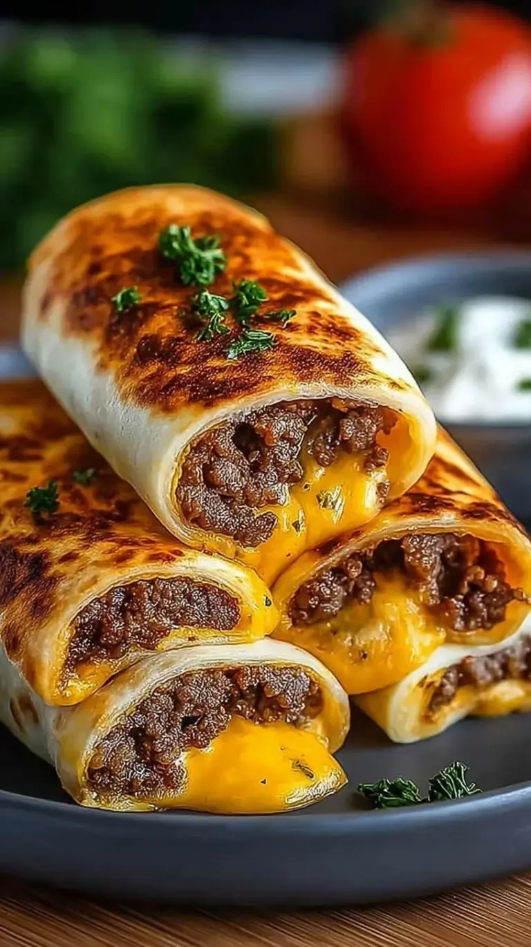 Golden brown beef cheeseburger rollups glazed with garlic butter on a baking sheet