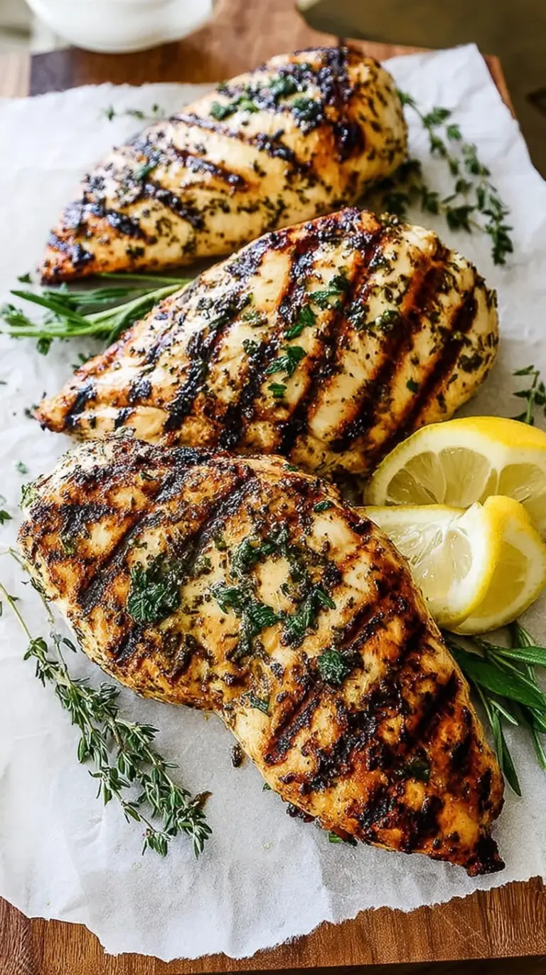 Juicy grilled chicken breasts with char marks and savory spices on a platter