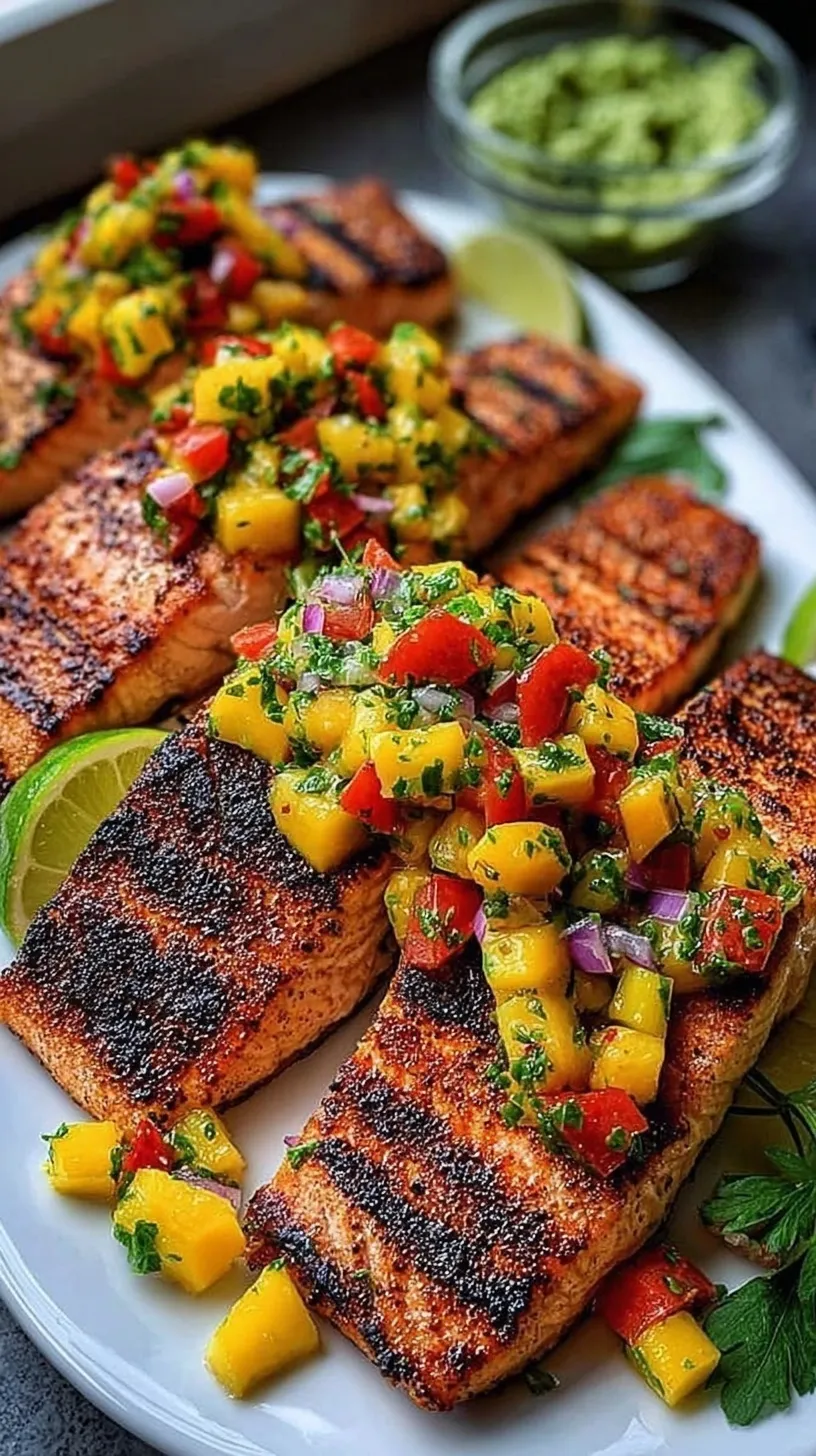 Juicy grilled salmon fillet topped with a colorful mango salsa on a white plate