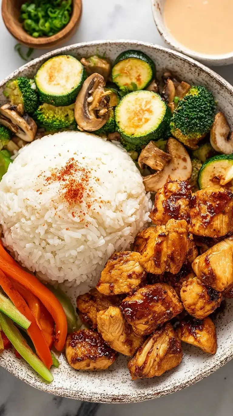 Sizzling cubes of hibachi chicken in a skillet with garlic butter and green onions