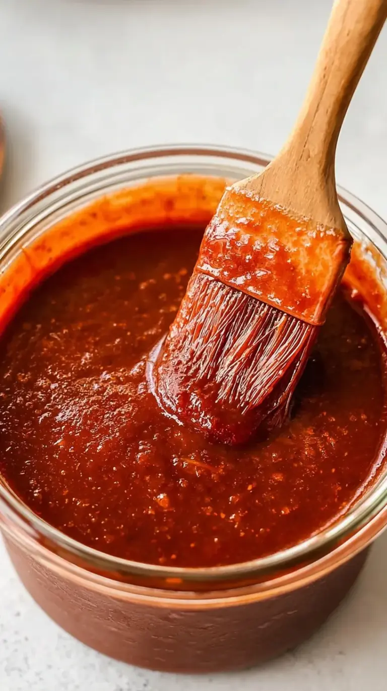 A glass jar filled with thick, glossy red homemade BBQ sauce next to a basting brush on a rustic wooden table.