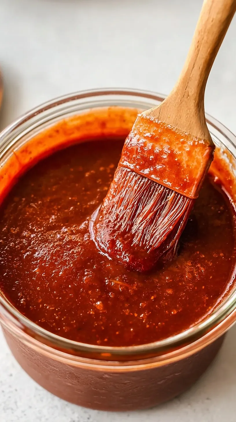 A glass jar filled with thick, glossy red homemade BBQ sauce next to a basting brush on a rustic wooden table.