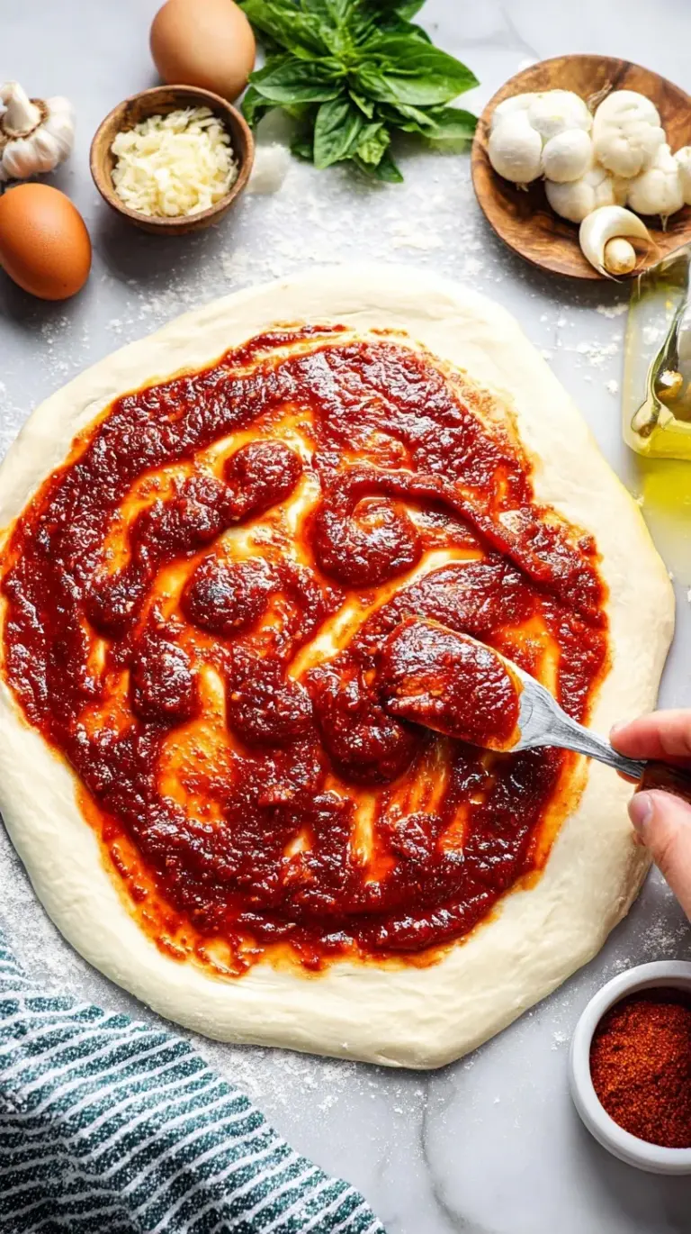 A small bowl of vibrant red homemade pizza sauce with dried herbs on top