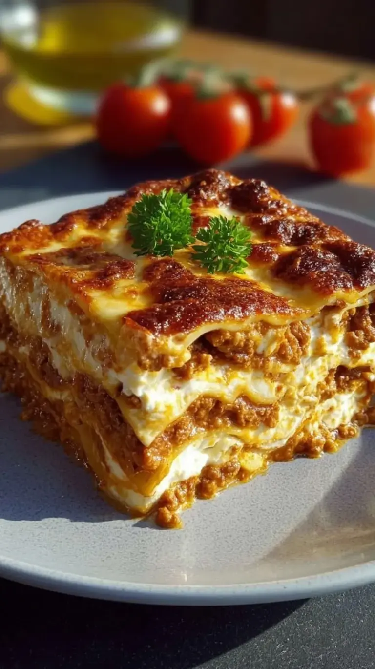 A slice of bubbly lasagna with layers of meat sauce, cottage cheese, and melted mozzarella.