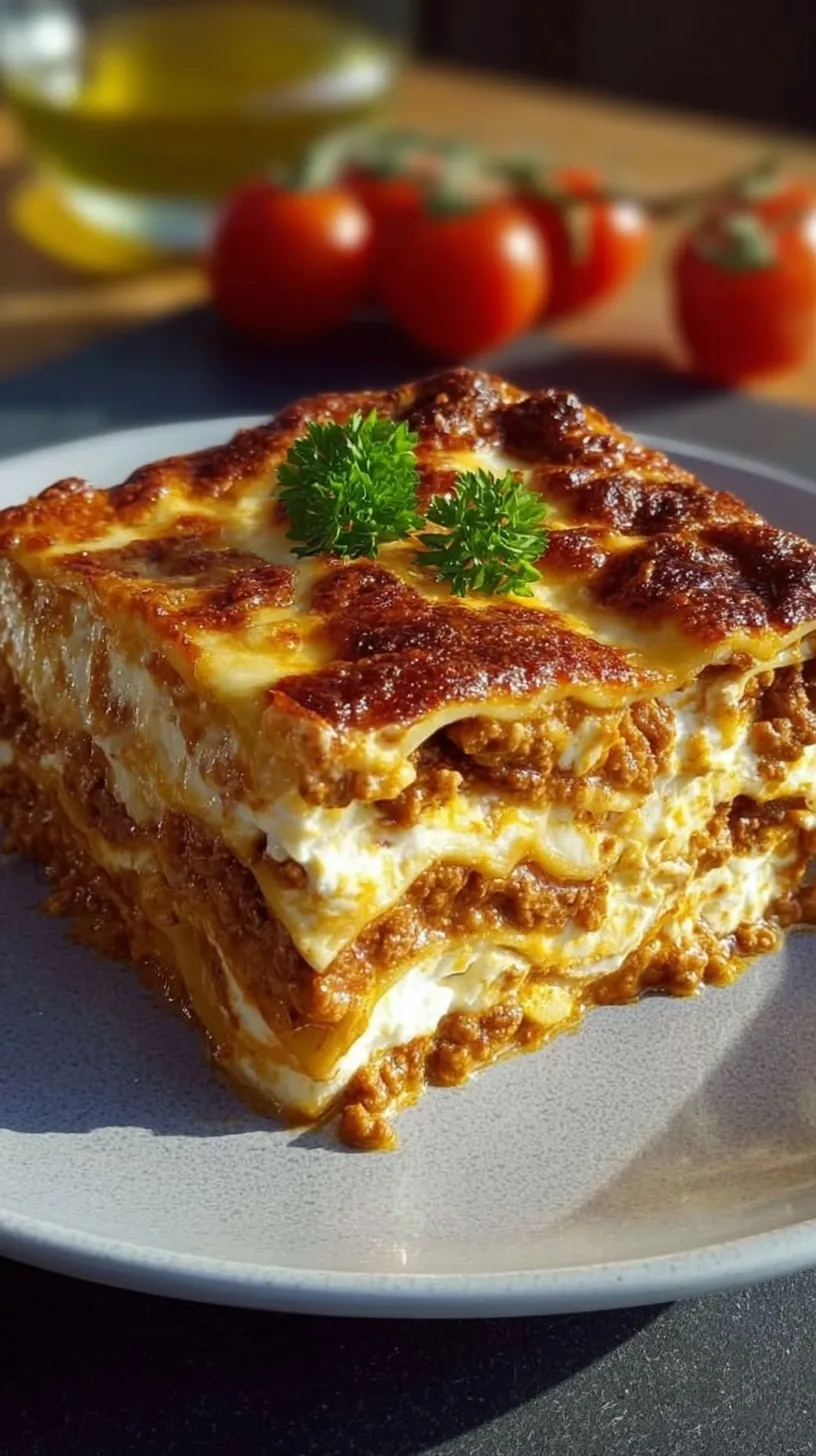 A slice of bubbly lasagna with layers of meat sauce, cottage cheese, and melted mozzarella.