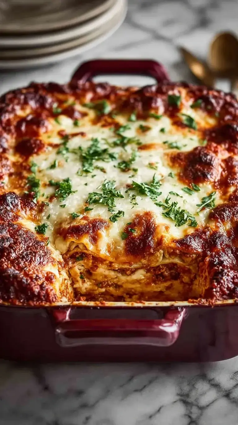 A slice of cheesy lasagna with layers of meat sauce and ricotta on a white plate