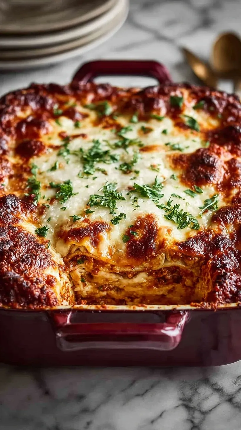A slice of cheesy lasagna with layers of meat sauce and ricotta on a white plate
