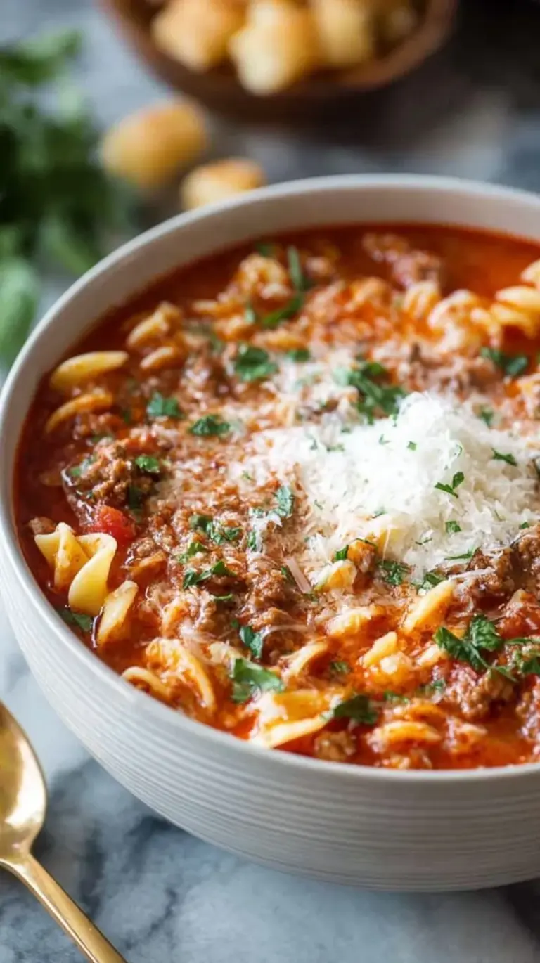 A steaming bowl of Easy Lasagna Soup topped with a creamy ricotta dollop and fresh parsley.