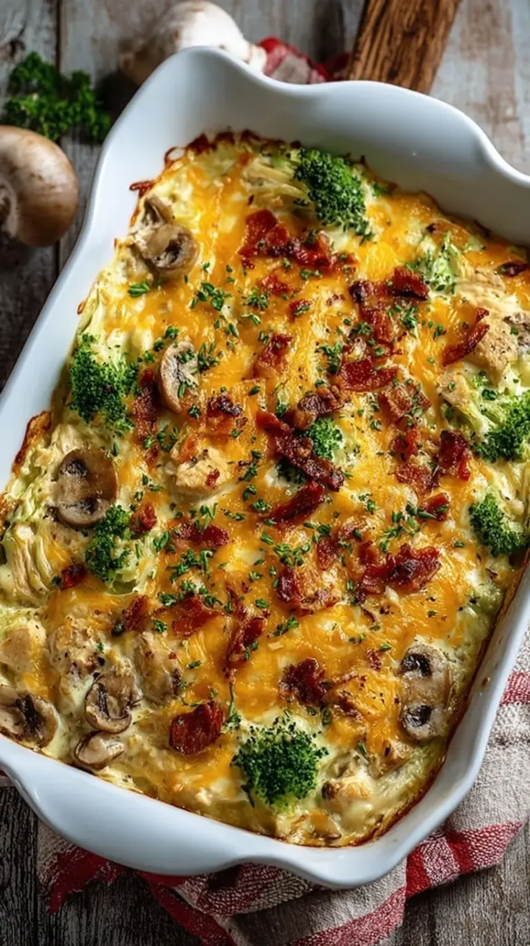 A bubbling low carb chicken casserole with melted cheddar cheese and broccoli in a white baking dish.