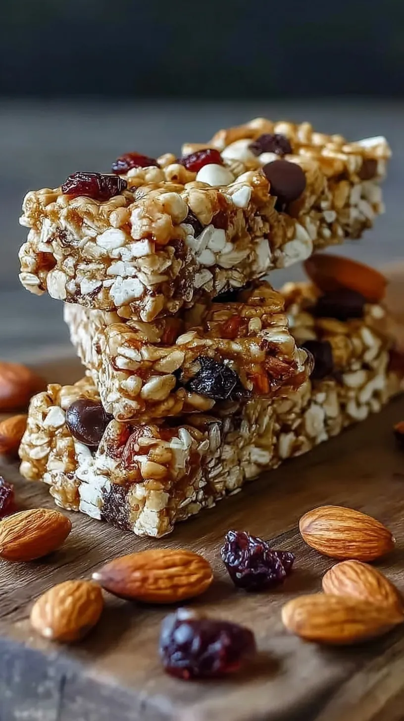 A stack of homemade no-bake protein granola bars with dark chocolate chips on parchment paper