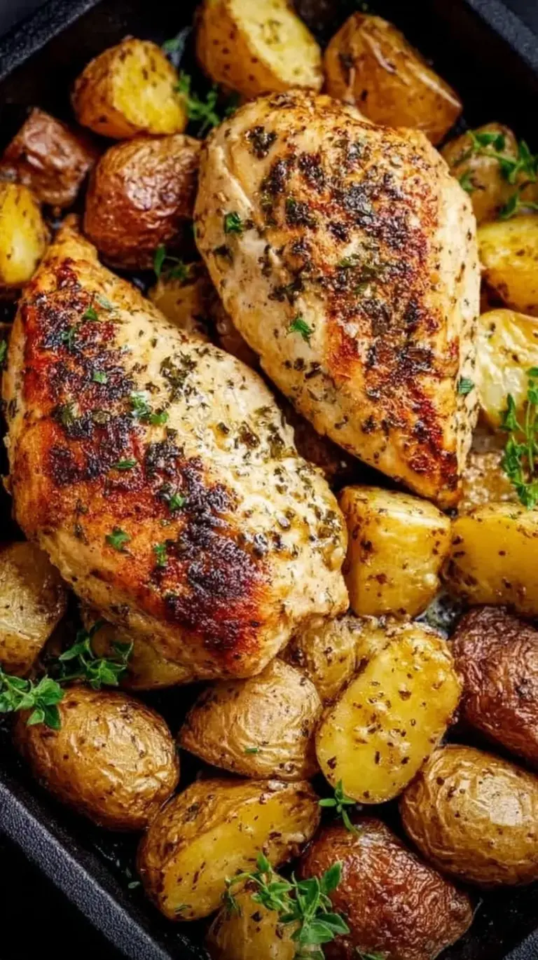 Golden roasted garlic parmesan chicken and baby red potatoes on a sheet pan topped with fresh parsley
