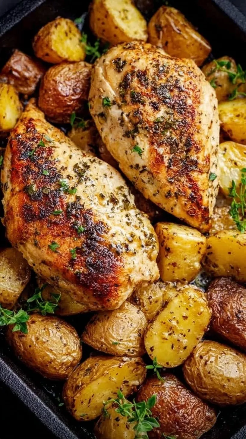 Golden roasted garlic parmesan chicken and baby red potatoes on a sheet pan topped with fresh parsley