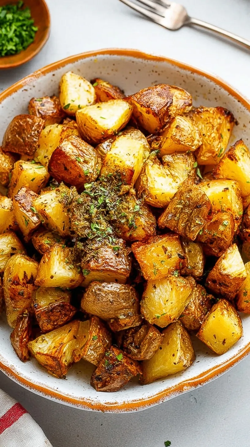 A tray of golden brown crispy roasted potatoes seasoned with rosemary and garlic