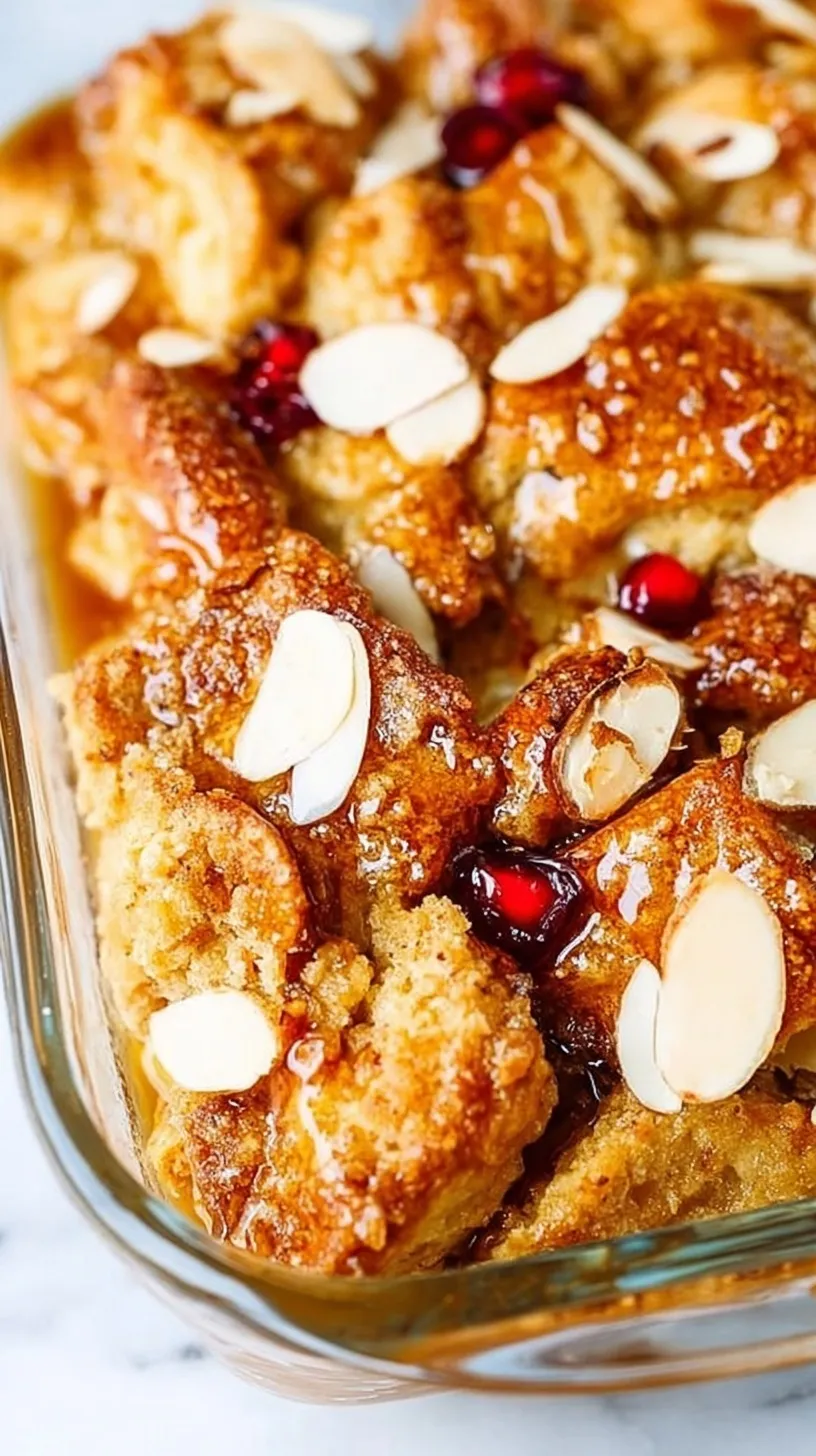 Golden brown overnight french toast bake with cinnamon crumble topping in a glass baking dish