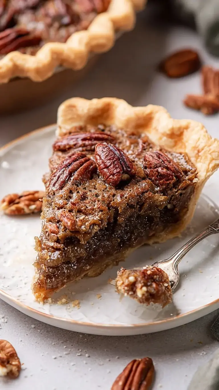 A slice of easy pecan pie with a golden crust and toasted pecan topping on a white plate