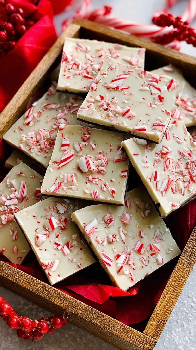 Close up of layered dark and white chocolate peppermint bark topped with crushed candy canes on a festive plate