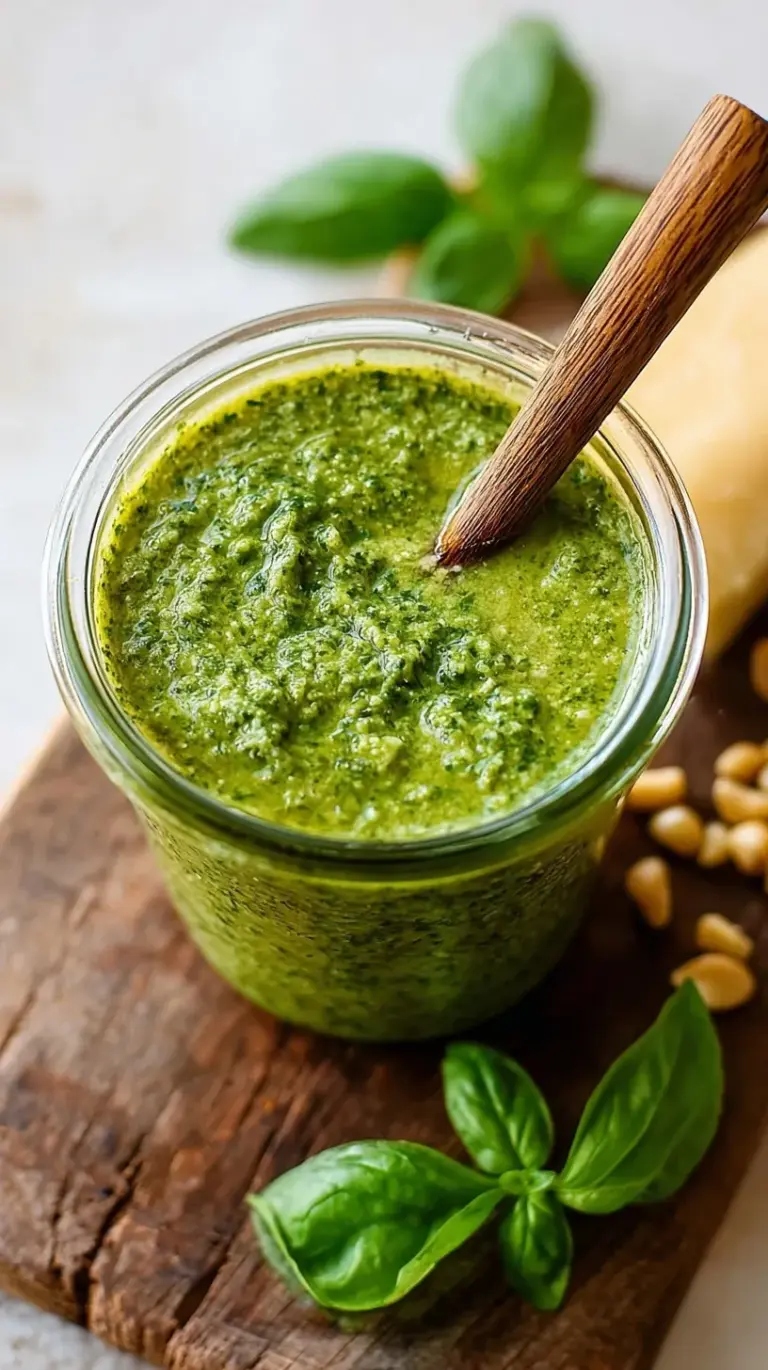 Vibrant green pesto sauce in a small glass bowl surrounded by fresh basil leaves and pine nuts