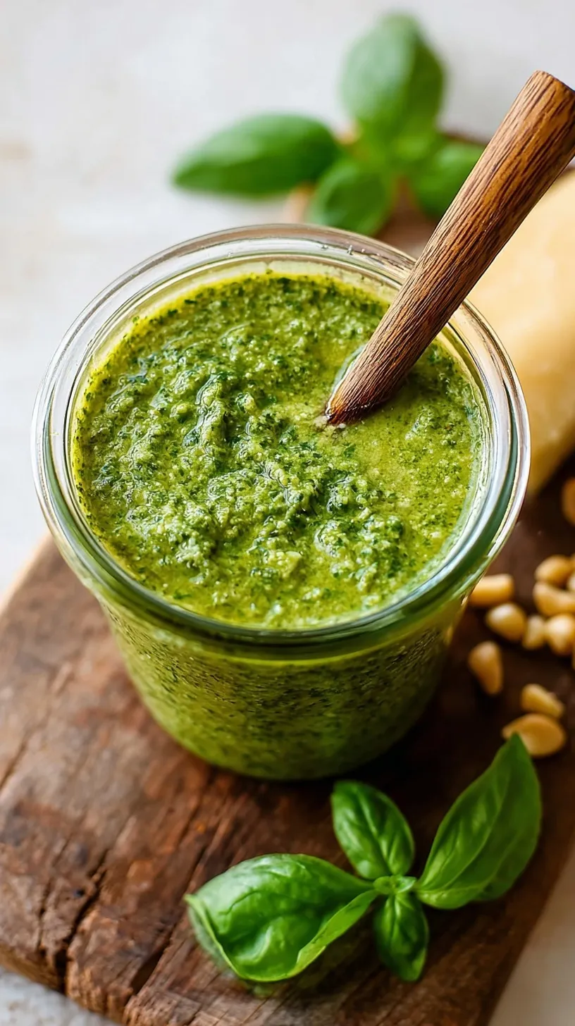Vibrant green pesto sauce in a small glass bowl surrounded by fresh basil leaves and pine nuts