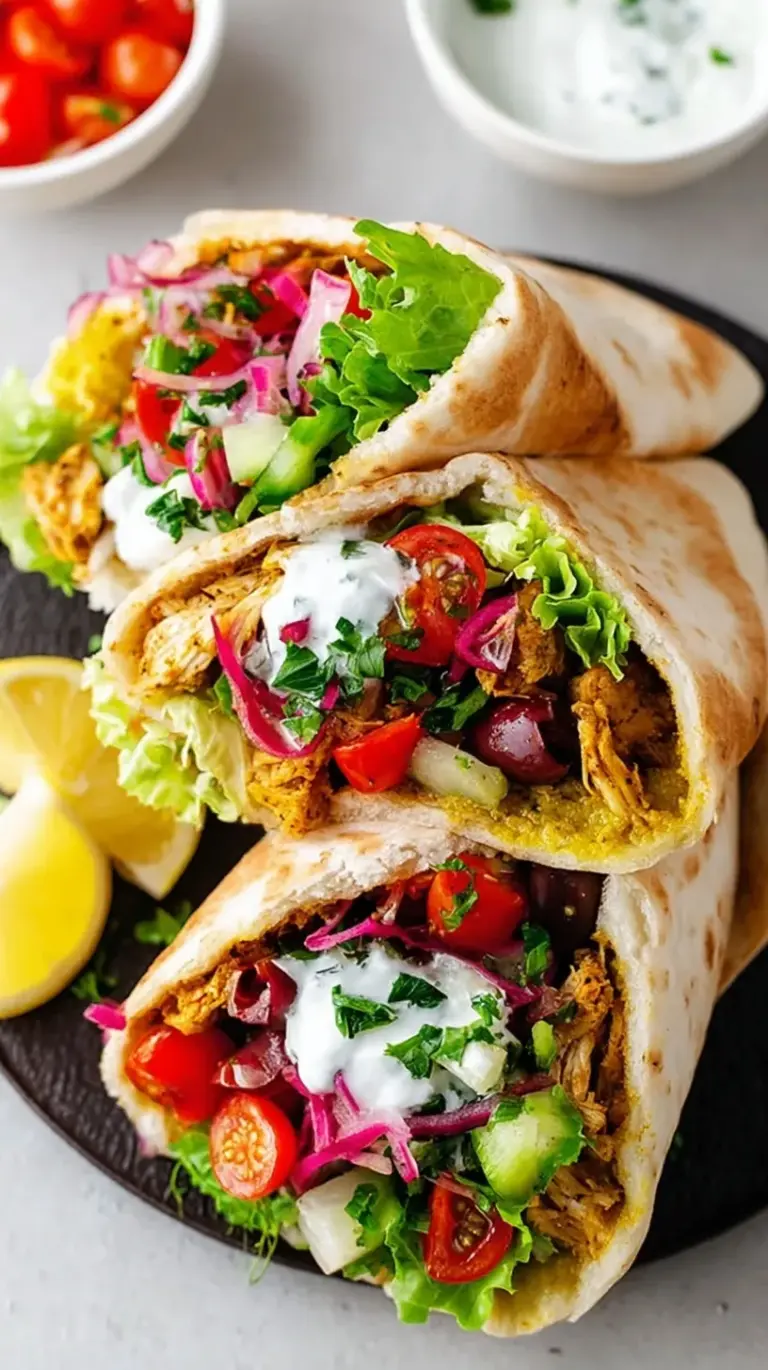 Close-up of an easy pita pocket stuffed with chicken shawarma, lettuce, and tahini drizzle.