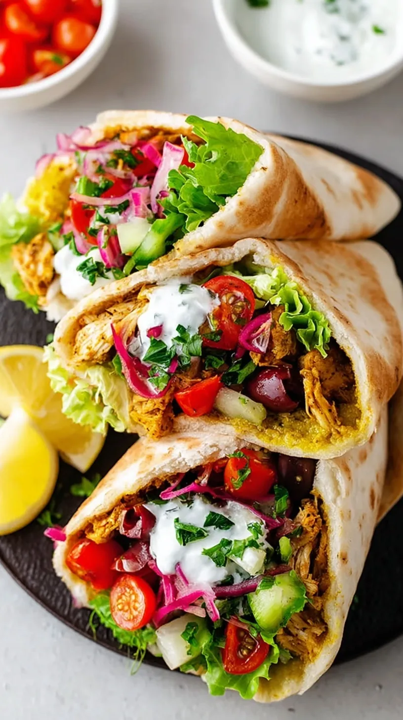 Close-up of an easy pita pocket stuffed with chicken shawarma, lettuce, and tahini drizzle.