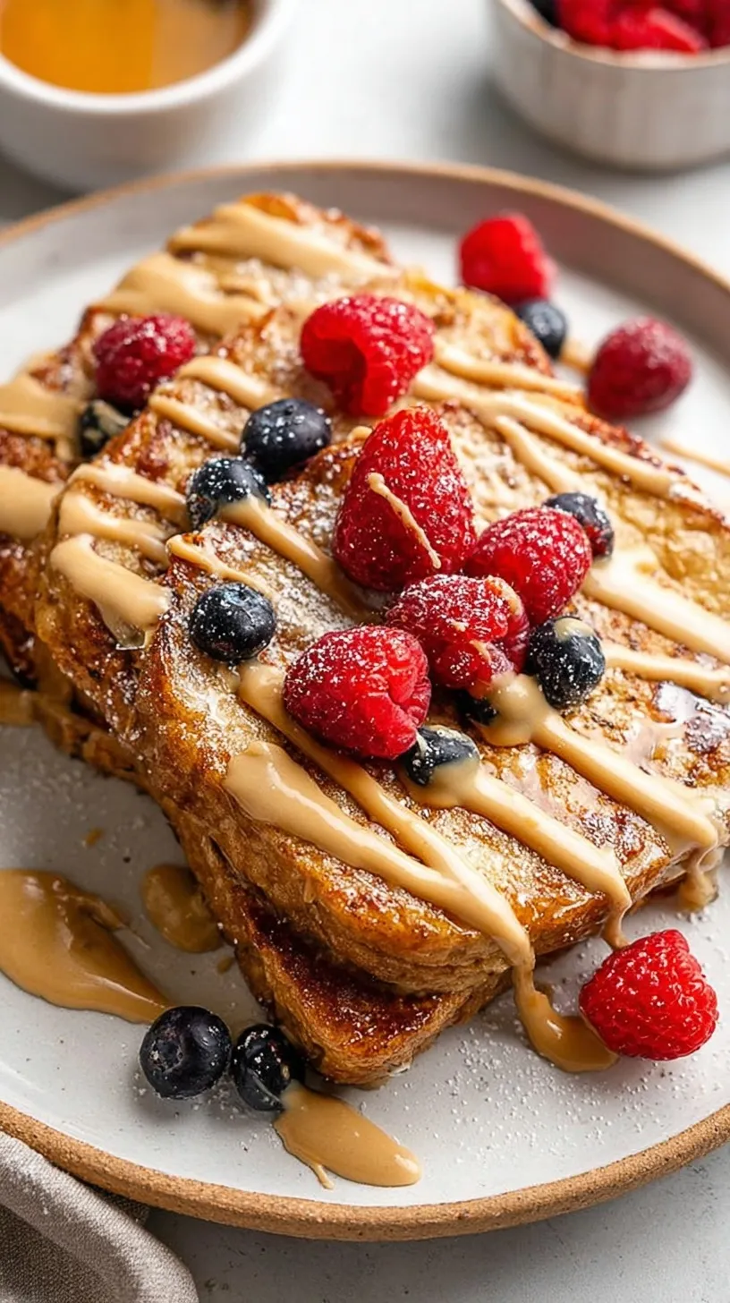 Golden brown protein french toast slices stacked on a plate with berries