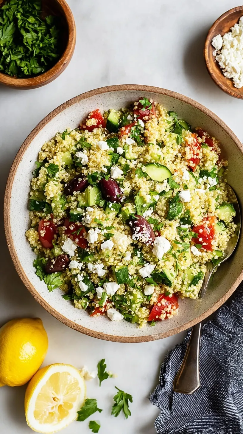 A bright bowl of Mediterranean quinoa salad with cherry tomatoes, cucumbers, and chickpeas