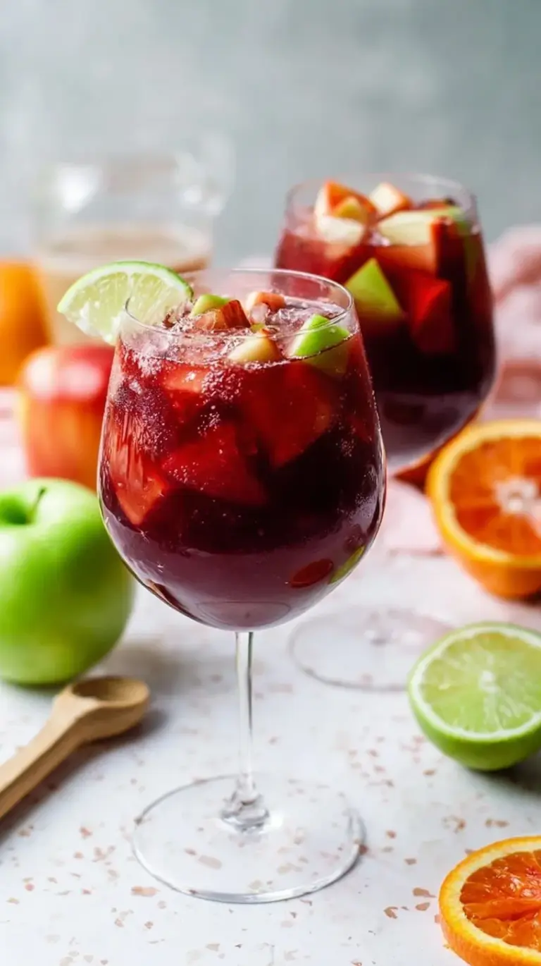 A large glass pitcher filled with deep red wine, sliced oranges, lemons, and diced apples with ice.