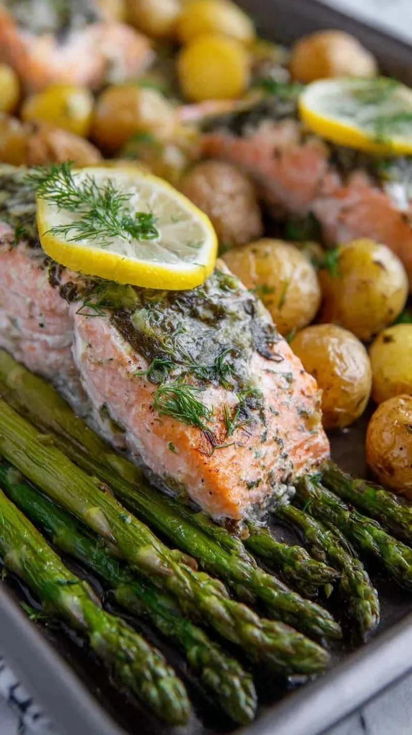 A sheet pan filled with roasted salmon fillets, charred broccoli, golden baby potatoes, and fresh green asparagus garnished with lemon.