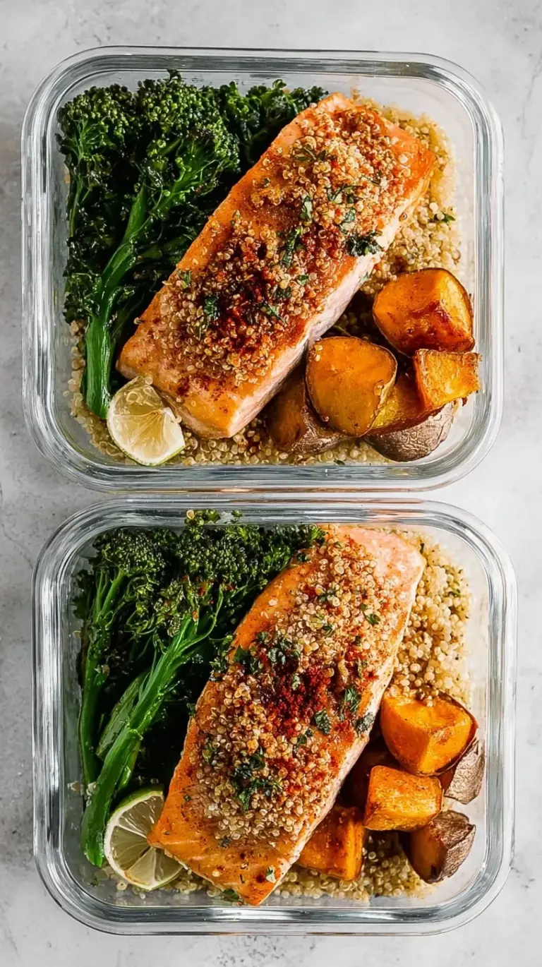 Four glass containers filled with roasted salmon, quinoa, broccoli, and sweet potatoes