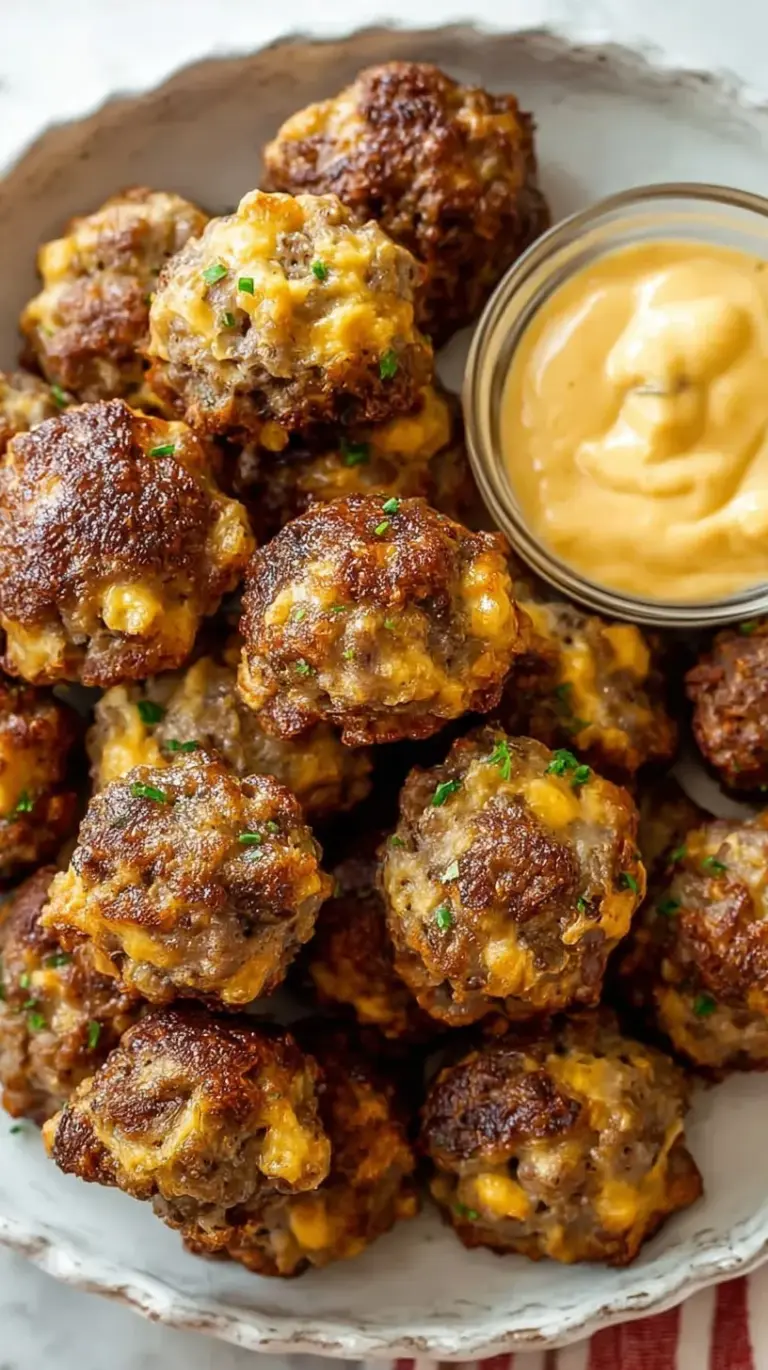 Golden brown cheesy sausage balls served on a platter with dipping sauce