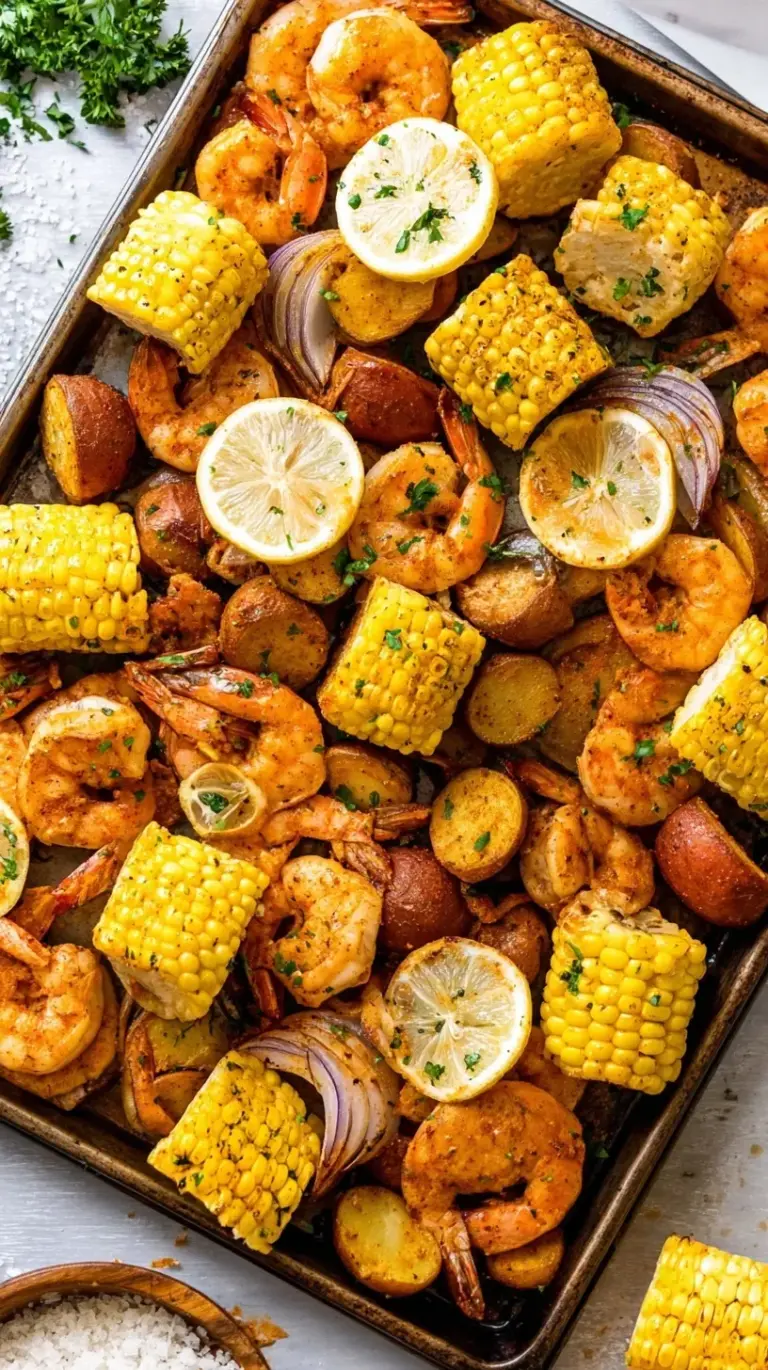 A sheet pan filled with roasted shrimp, corn, red potatoes, and sliced andouille sausage garnished with lemon and parsley.