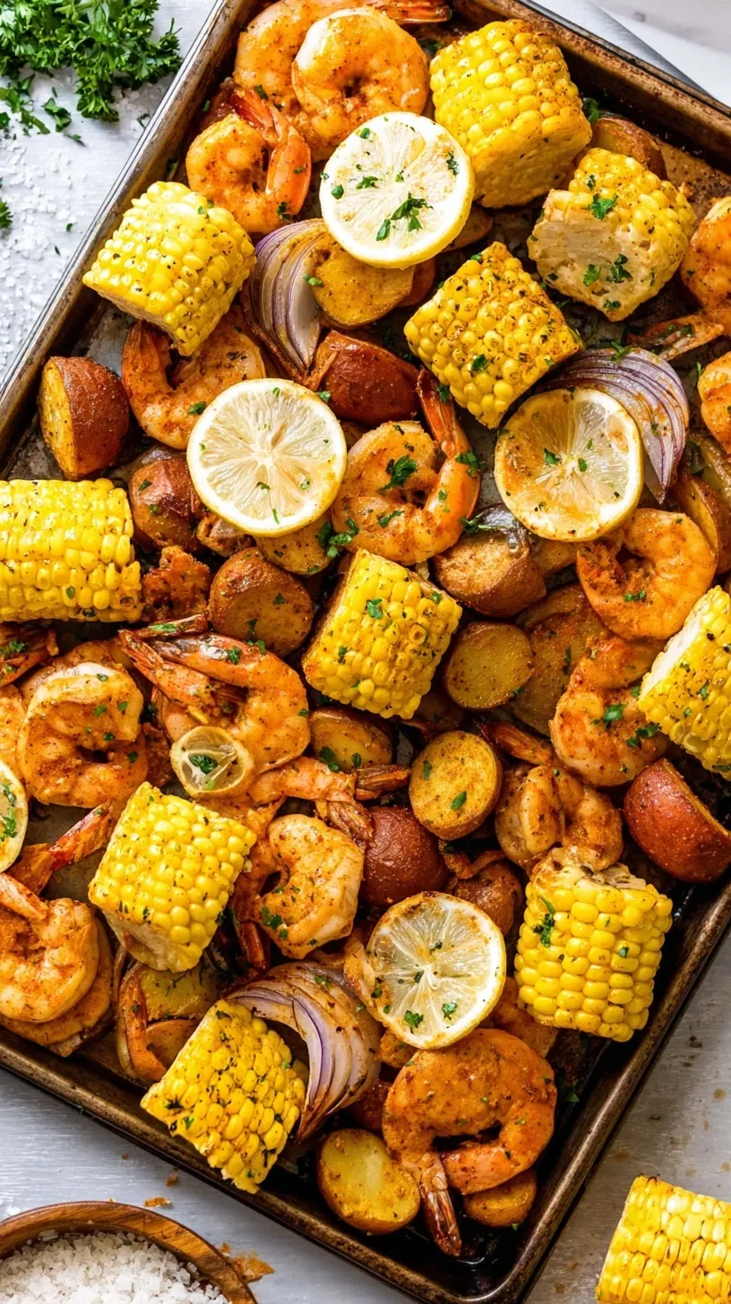 A sheet pan filled with roasted shrimp, corn, red potatoes, and sliced andouille sausage garnished with lemon and parsley.